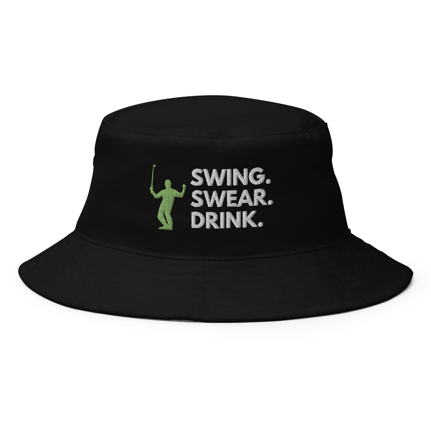 Funny Golfer Gifts  Bucket Hat Black Swing. Swear. Drink Bucket Hat