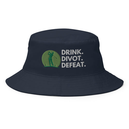 Funny Golfer Gifts  Bucket Hat Navy Drink. Divot. Defeat Bucket Hat