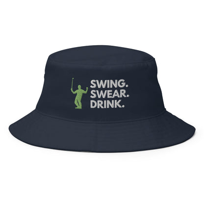 Funny Golfer Gifts  Bucket Hat Navy Swing. Swear. Drink Bucket Hat