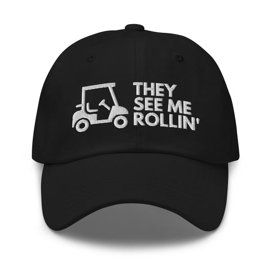 Funny Golfer Gifts  Dad Cap Black They See Me Rollin Golfcart Hat Cap