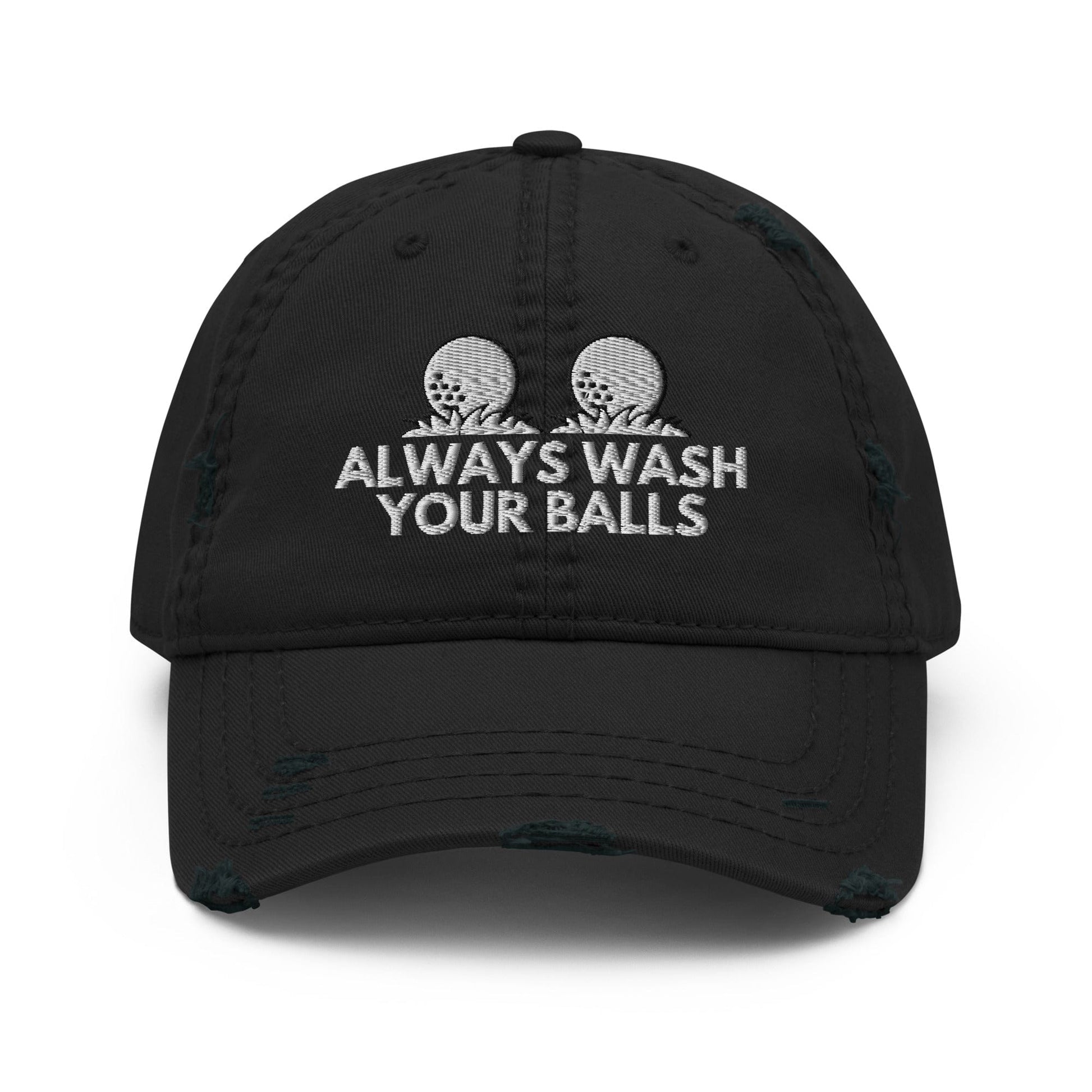 Funny Golfer Gifts  Distressed Cap Black Always Wash Your Balls Hat Distressed Hat