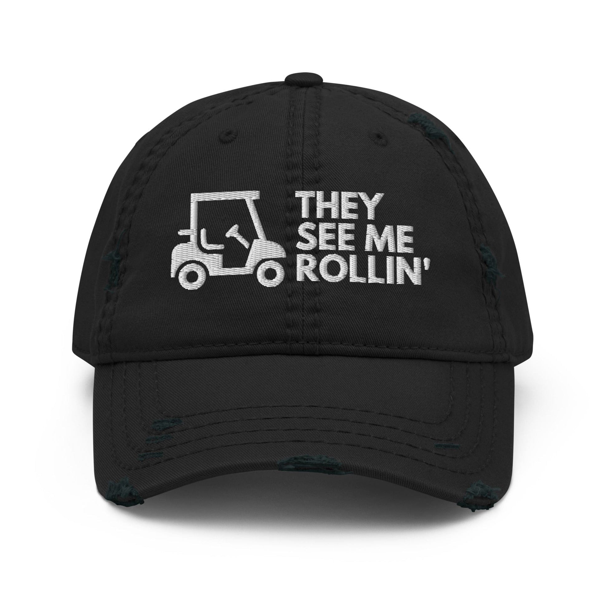Funny Golfer Gifts  Distressed Cap Black They See Me Rollin Golfcart Hat Distressed Hat