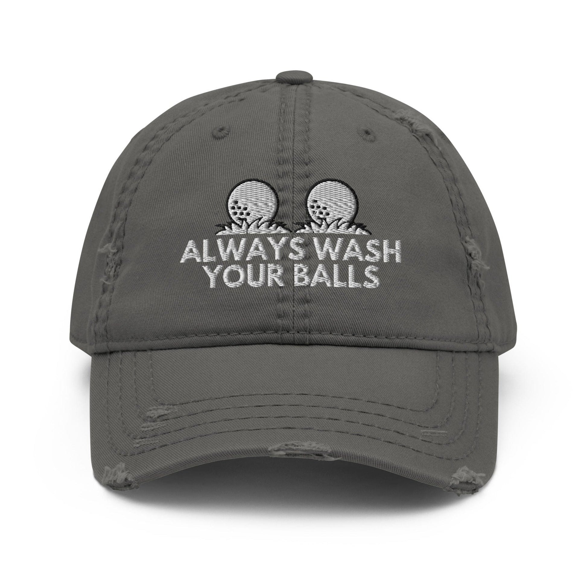 Funny Golfer Gifts  Distressed Cap Charcoal Grey Always Wash Your Balls Hat Distressed Hat