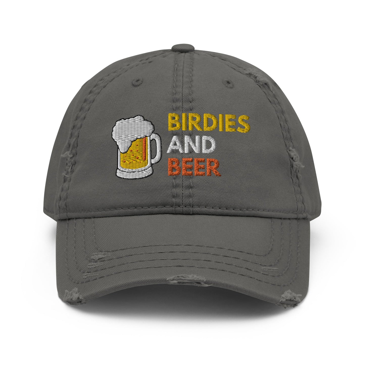 Funny Golfer Gifts  Distressed Cap Charcoal Grey Birdies and Beer Distressed Hat