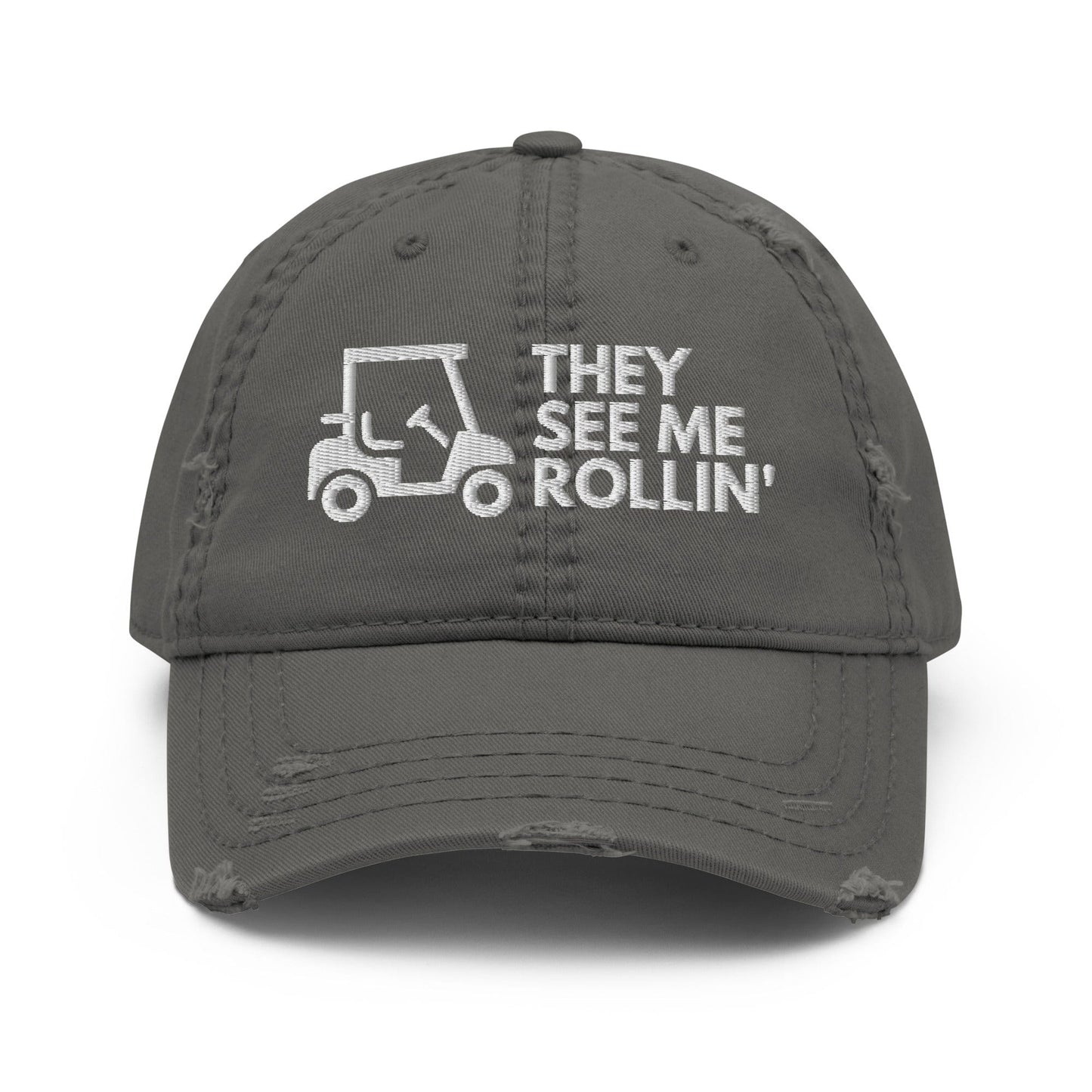 Funny Golfer Gifts  Distressed Cap Charcoal Grey They See Me Rollin Golfcart Hat Distressed Hat