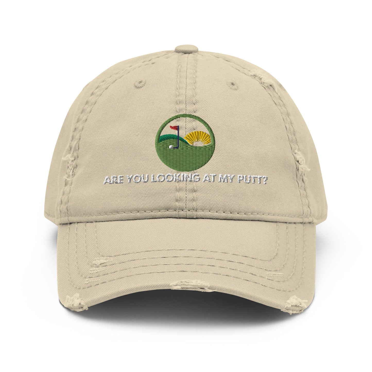 Funny Golfer Gifts  Distressed Cap Khaki Are you Looking at My Putt Distressed Hat