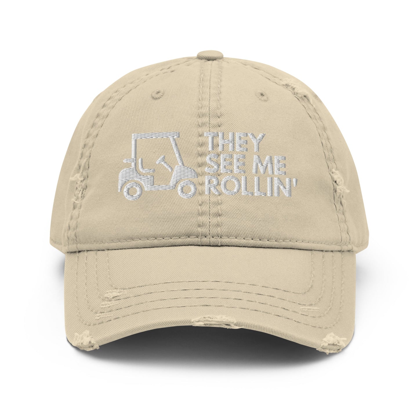 Funny Golfer Gifts  Distressed Cap Khaki They See Me Rollin Golfcart Hat Distressed Hat