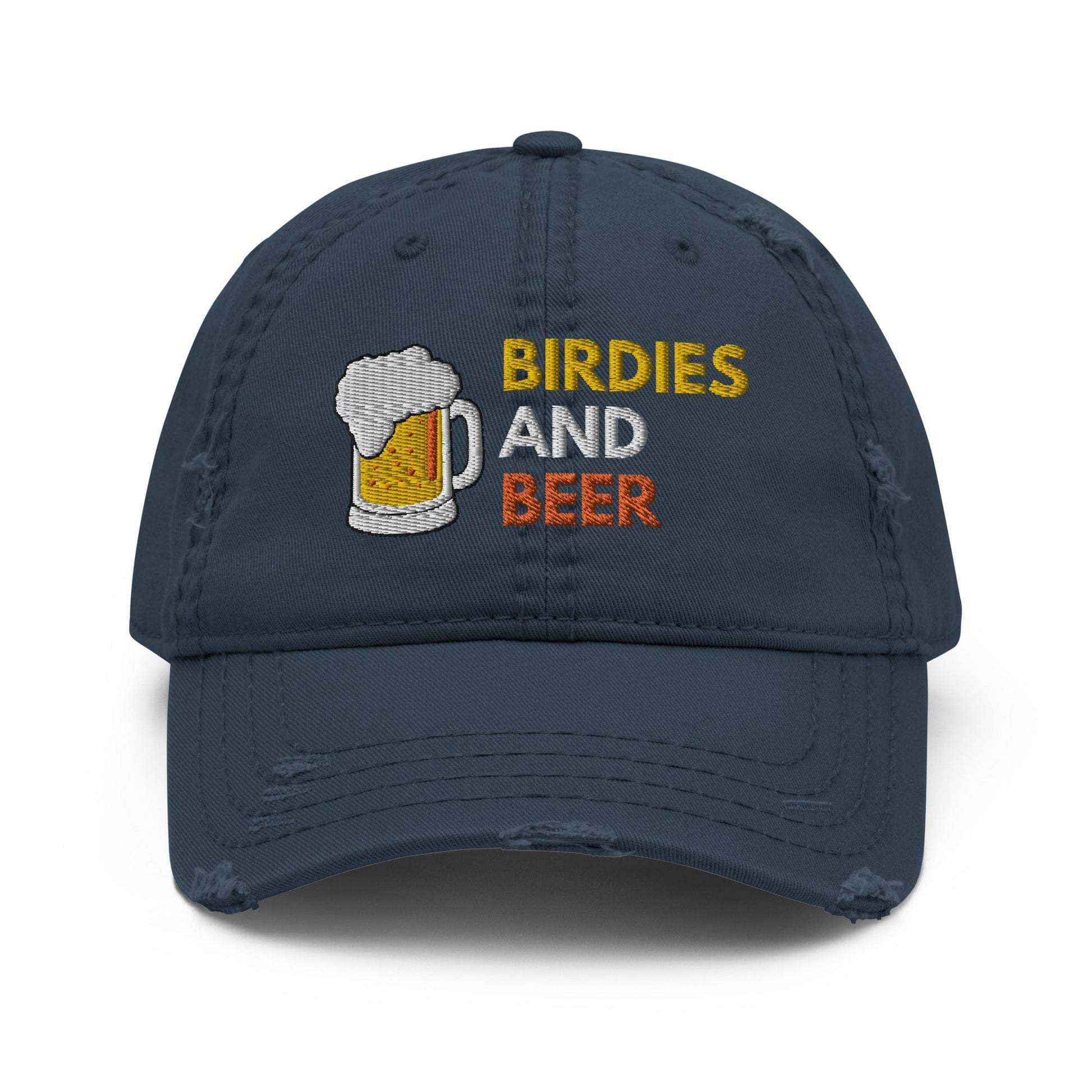 Funny Golfer Gifts  Distressed Cap Navy Birdies and Beer Distressed Hat