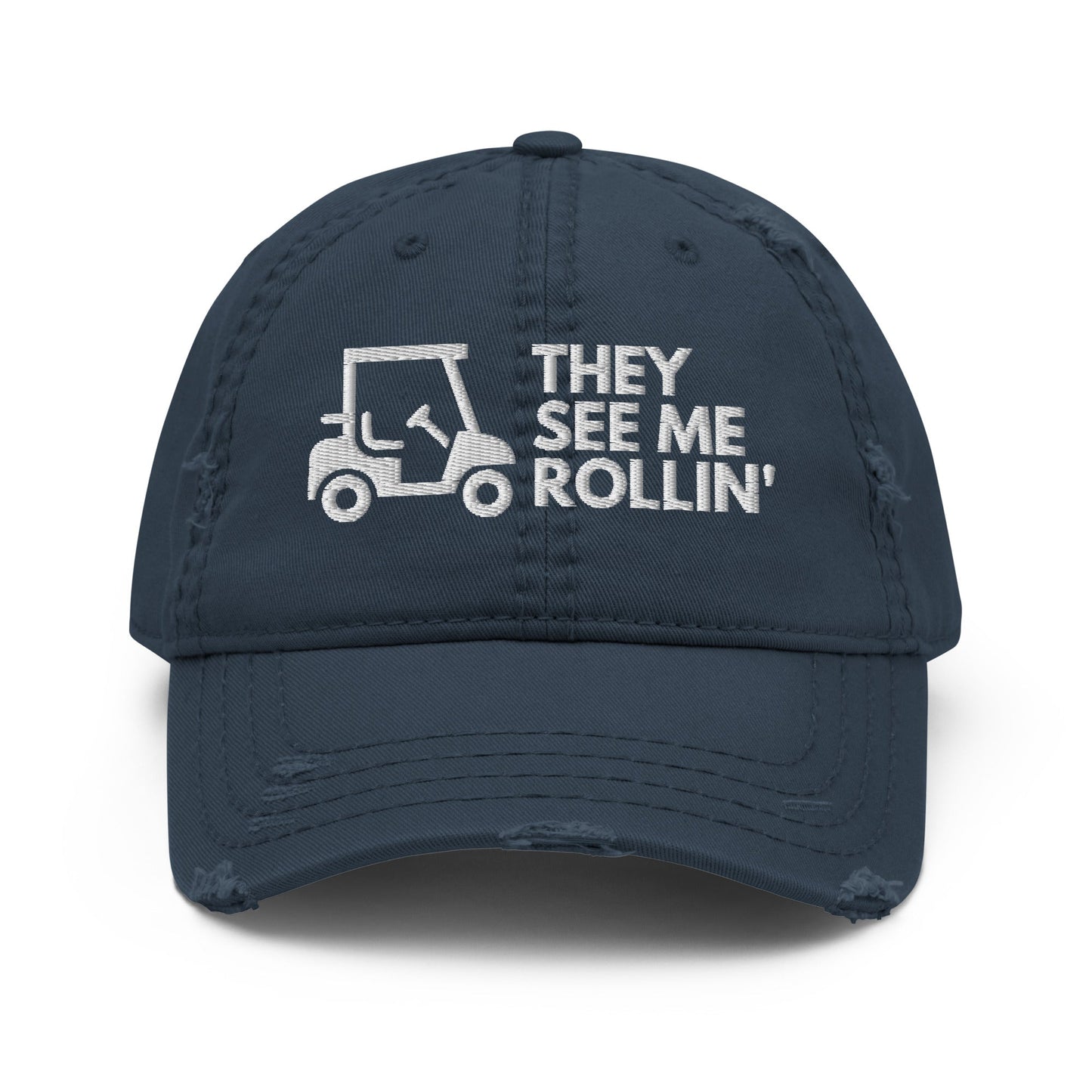 Funny Golfer Gifts  Distressed Cap Navy They See Me Rollin Golfcart Hat Distressed Hat
