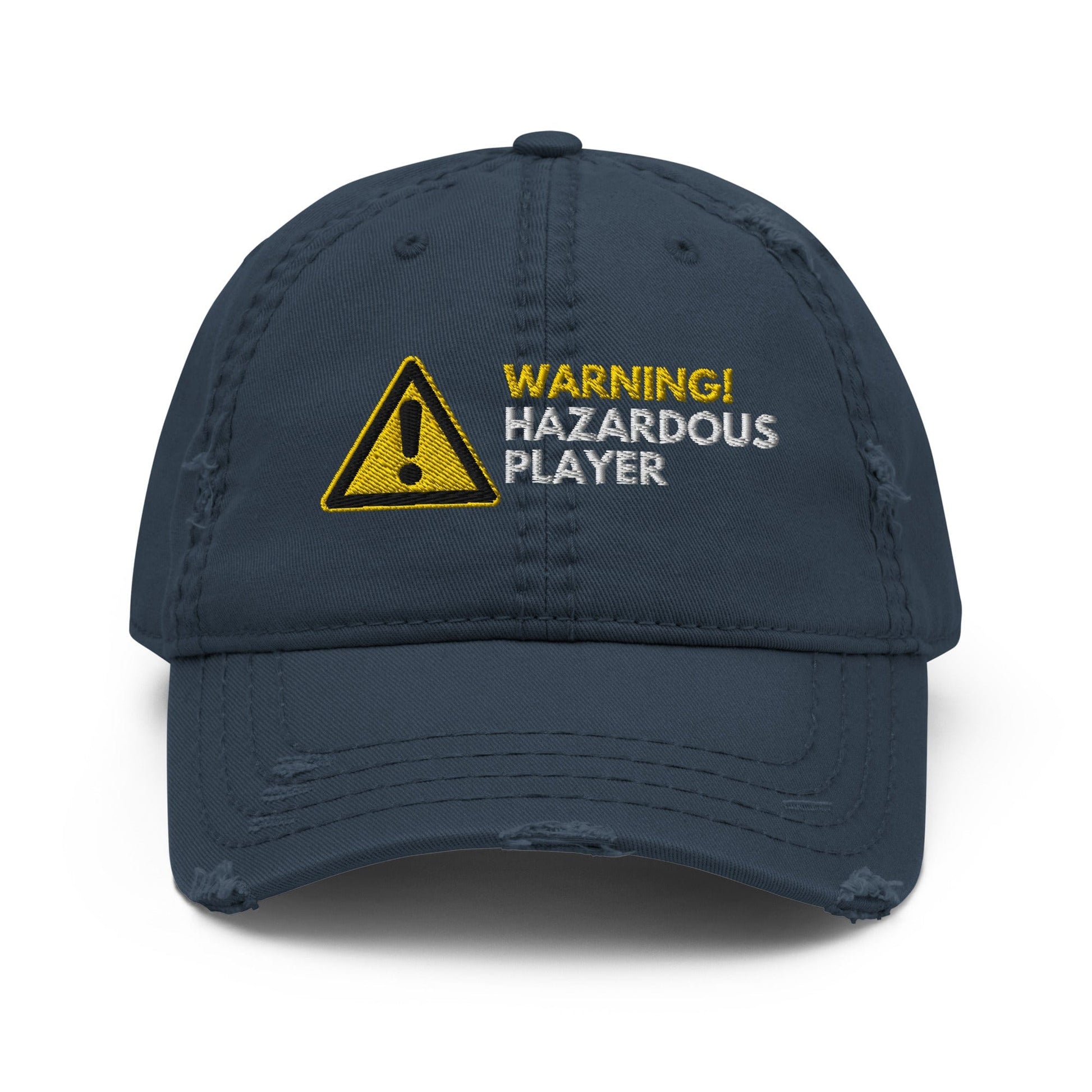 Funny Golfer Gifts  Distressed Cap Navy Warning Hazardous Player Distressed Hat