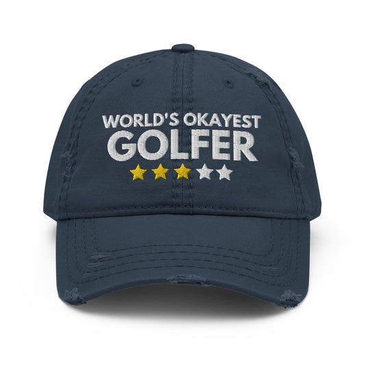 Funny Golfer Gifts  Distressed Cap Navy Worlds Okayest Golfer Hat Distressed Hat