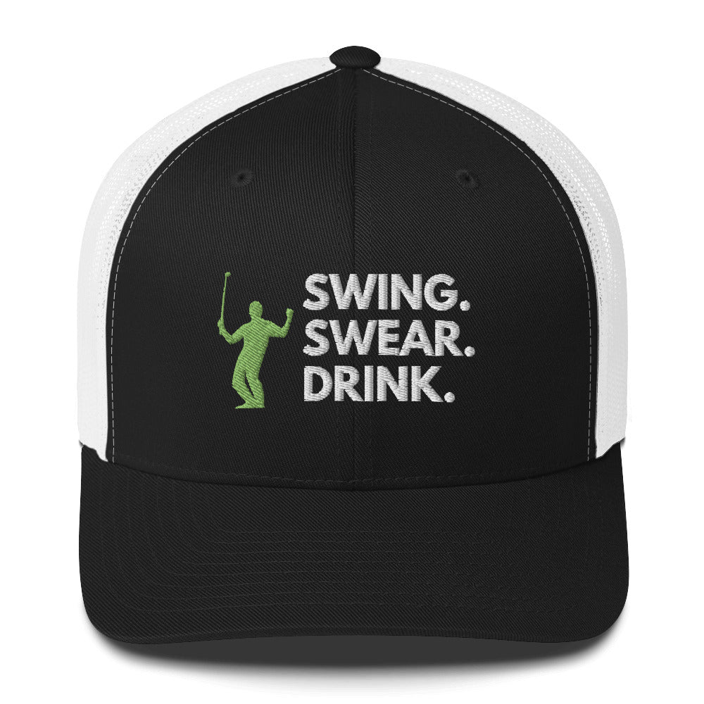 Funny Golfer Gifts  Trucker Hat Black/ White Swing. Swear. Drink Trucker Hat