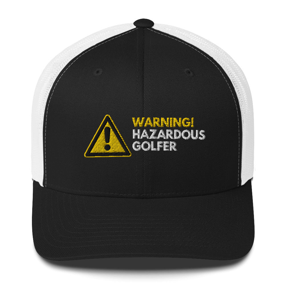 Funny Golfer Gifts  Trucker Hat Black/ White Warning Hazardous Golfer Trucker Hat