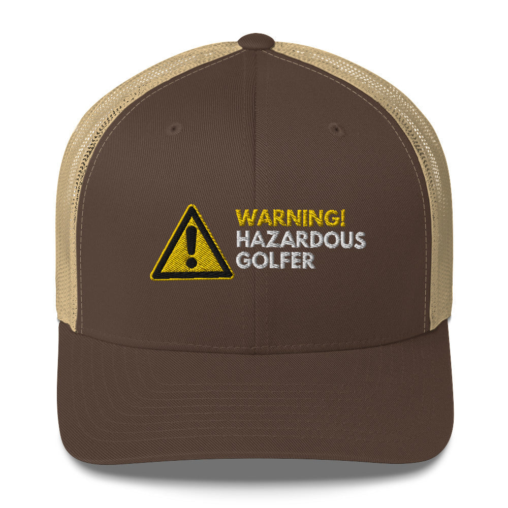 Funny Golfer Gifts  Trucker Hat Brown/ Khaki Warning Hazardous Golfer Trucker Hat