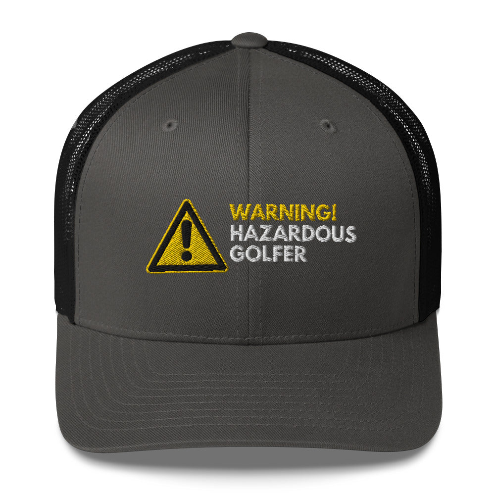 Funny Golfer Gifts  Trucker Hat Charcoal/ Black Warning Hazardous Golfer Trucker Hat