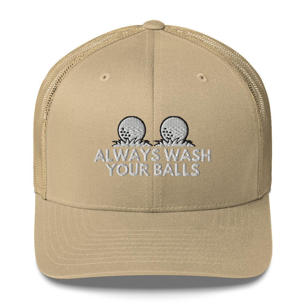 Funny Golfer Gifts  Trucker Hat Khaki Always Wash Your Balls Hat Trucker Hat