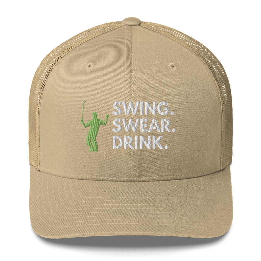 Funny Golfer Gifts  Trucker Hat Khaki Swing. Swear. Drink Trucker Hat