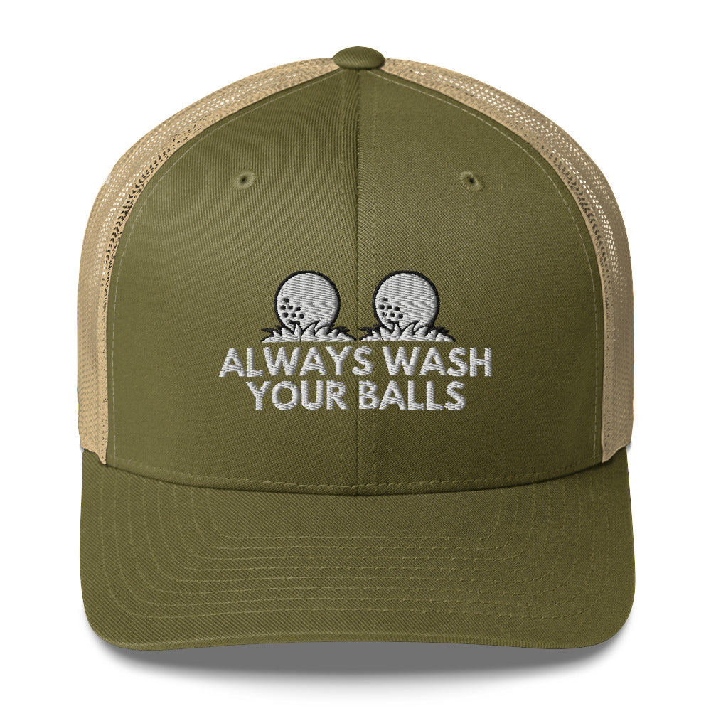 Funny Golfer Gifts  Trucker Hat Moss/ Khaki Always Wash Your Balls Hat Trucker Hat