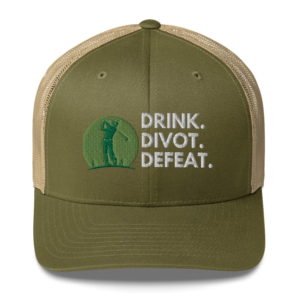 Funny Golfer Gifts  Trucker Hat Moss/ Khaki Drink. Divot. Defeat Trucker Hat