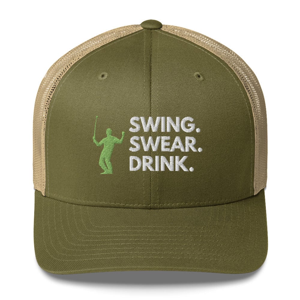 Funny Golfer Gifts  Trucker Hat Moss/ Khaki Swing. Swear. Drink Trucker Hat