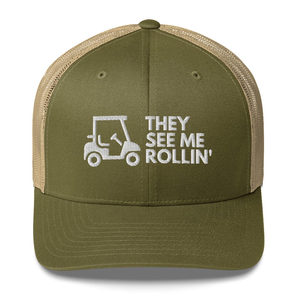 Funny Golfer Gifts  Trucker Hat Moss/ Khaki They See Me Rollin Golfcart Hat Trucker Hat