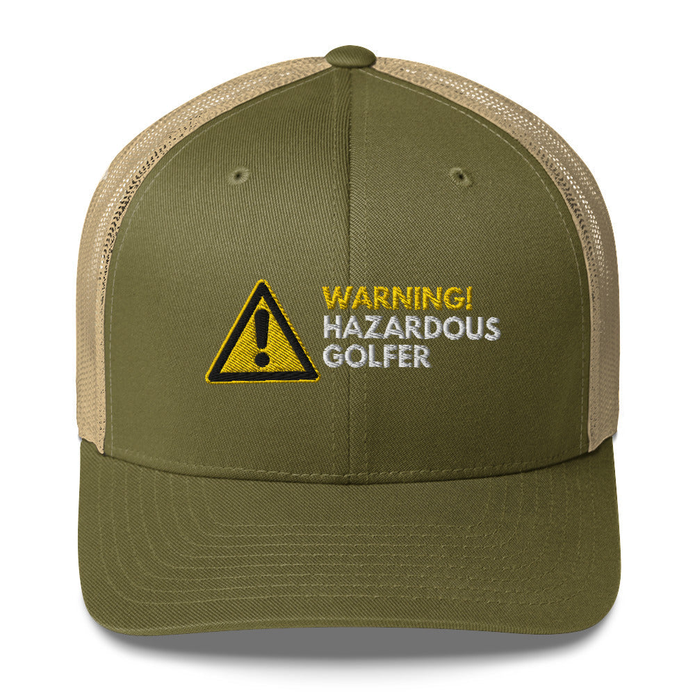 Funny Golfer Gifts  Trucker Hat Moss/ Khaki Warning Hazardous Golfer Trucker Hat
