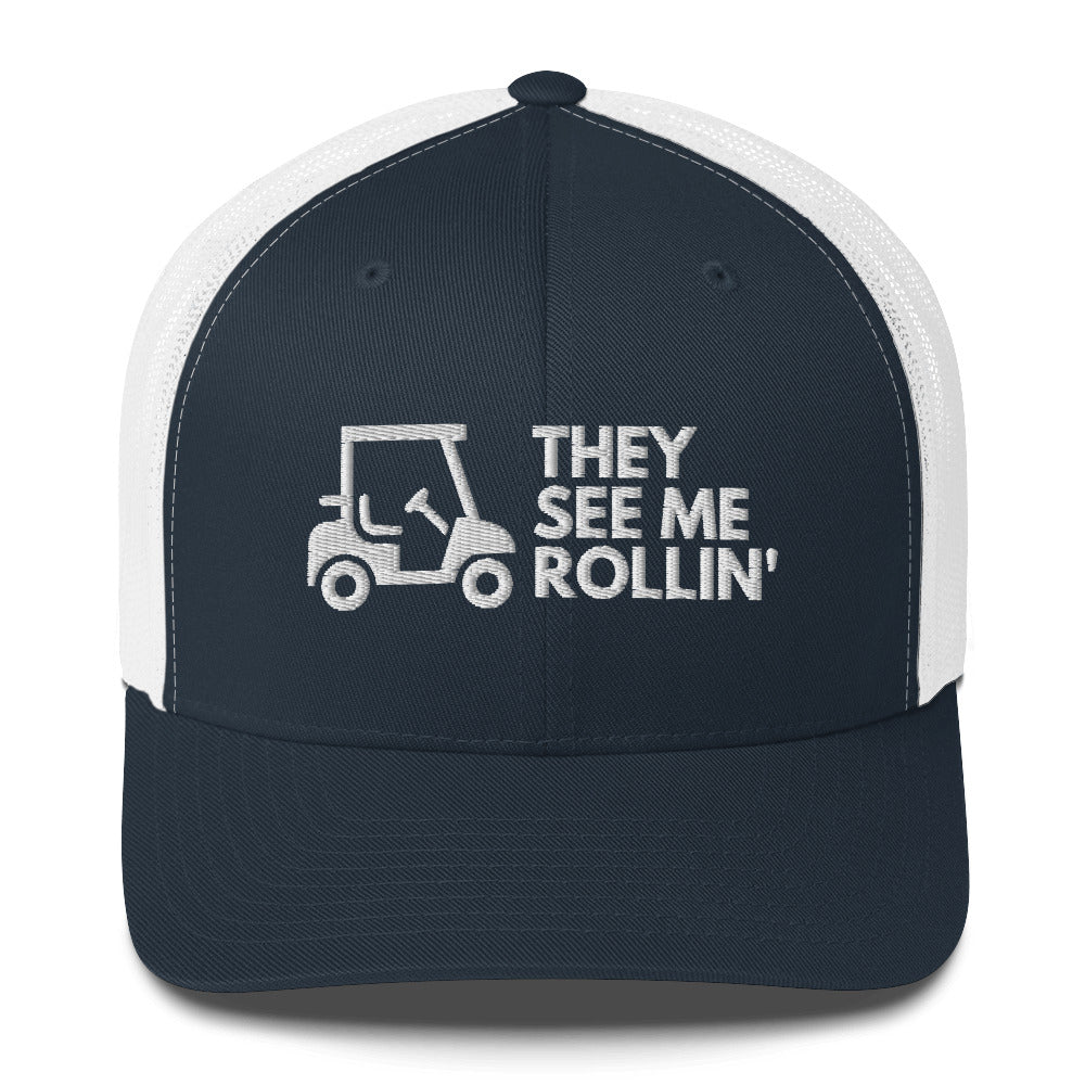 Funny Golfer Gifts  Trucker Hat Navy/ White They See Me Rollin Golfcart Hat Trucker Hat