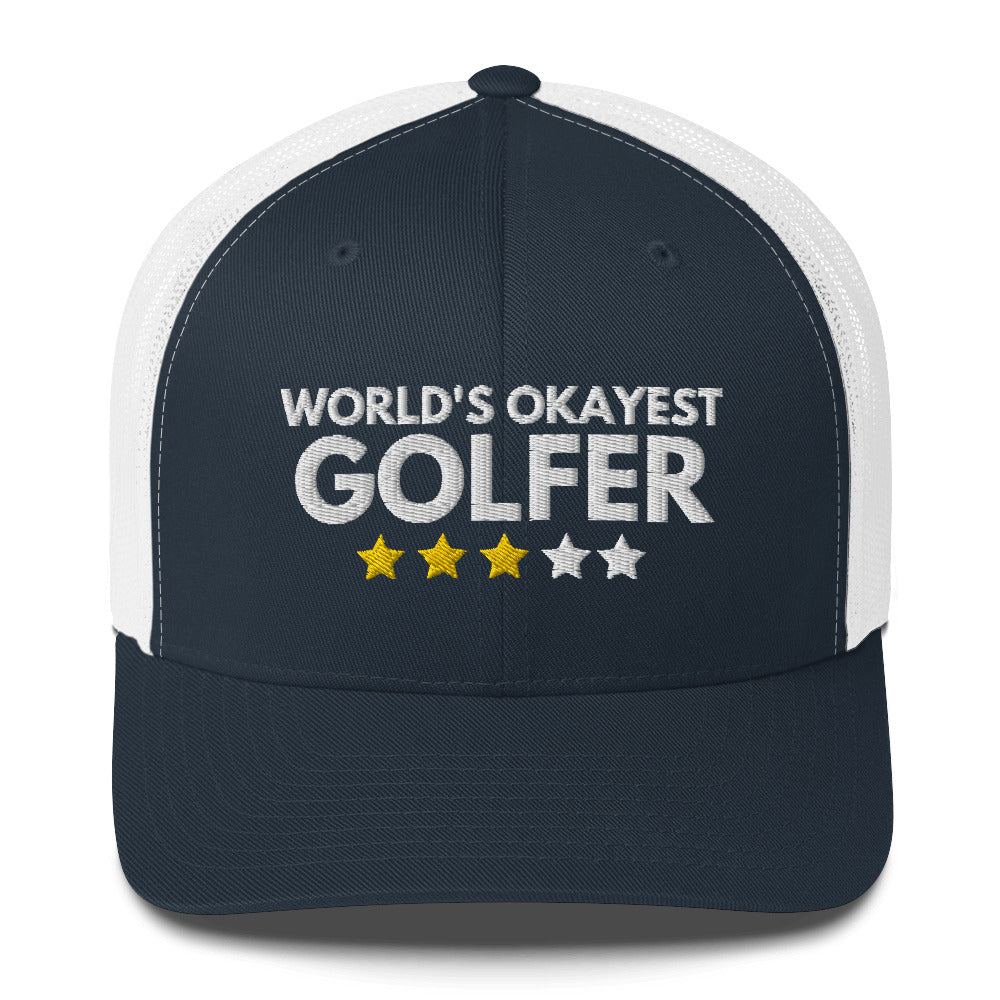 Funny Golfer Gifts  Trucker Hat Navy/ White Worlds Okayest Golfer Hat Trucker Hat