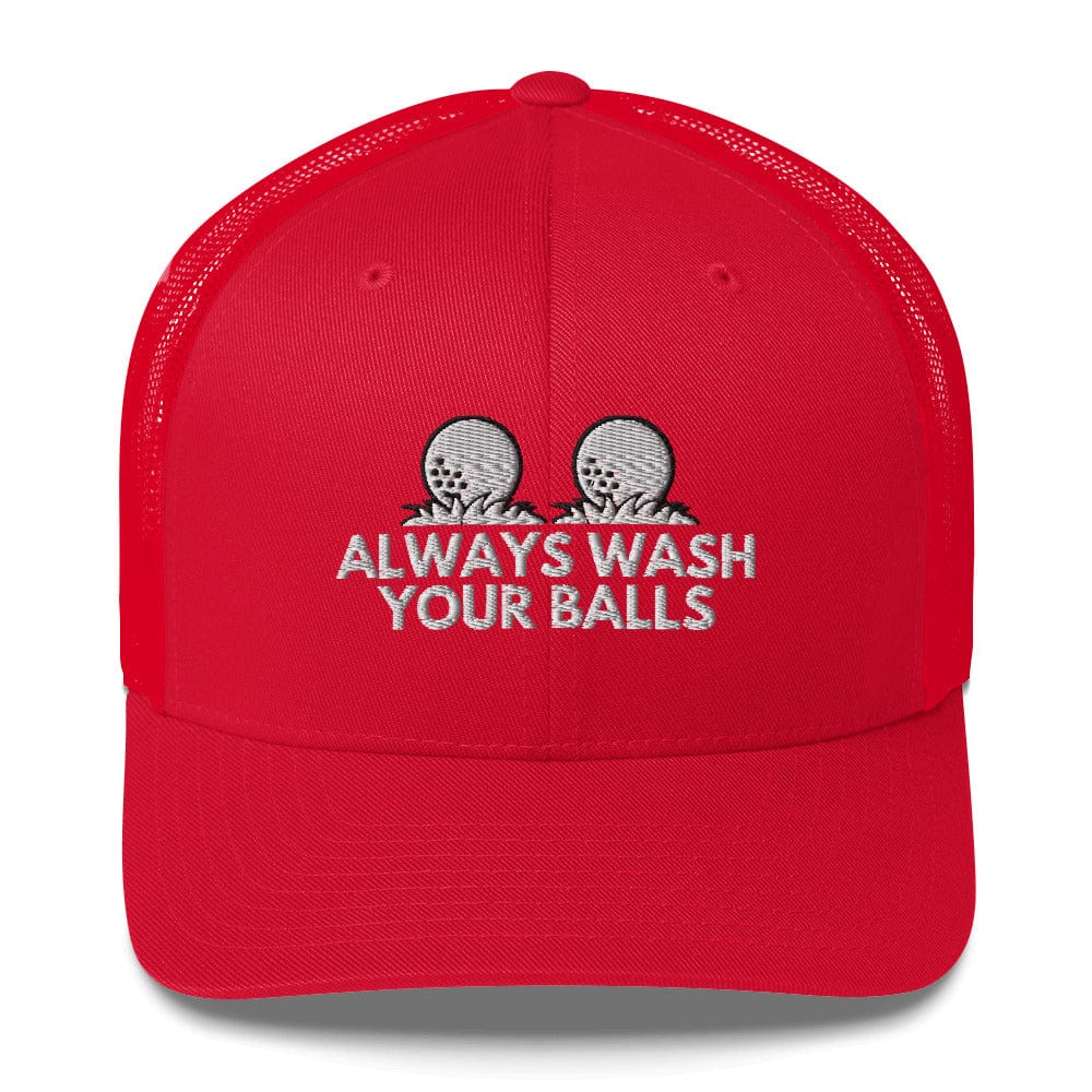 Funny Golfer Gifts  Trucker Hat Red Always Wash Your Balls Hat Trucker Hat
