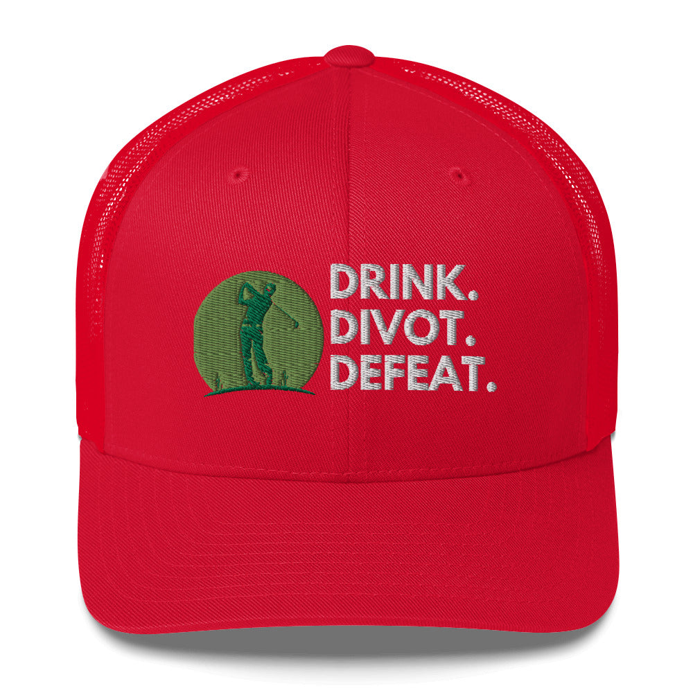 Funny Golfer Gifts  Trucker Hat Red Drink. Divot. Defeat Trucker Hat