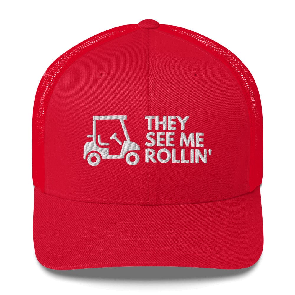 Funny Golfer Gifts  Trucker Hat Red They See Me Rollin Golfcart Hat Trucker Hat