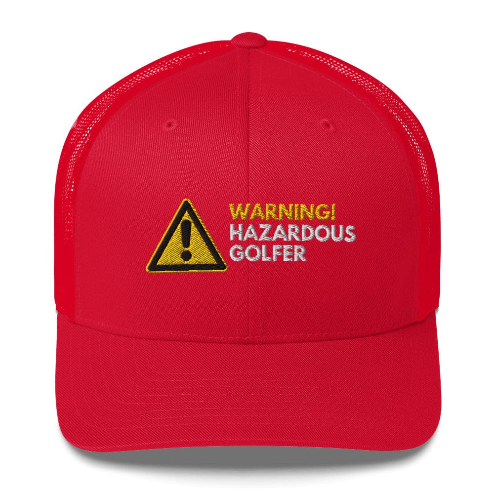 Funny Golfer Gifts  Trucker Hat Red Warning Hazardous Golfer Trucker Hat