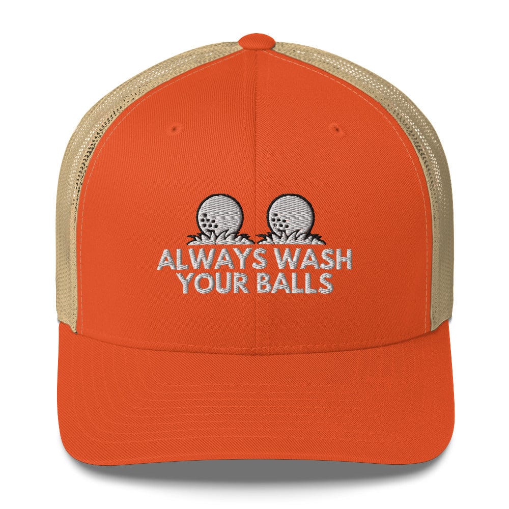 Funny Golfer Gifts  Trucker Hat Rustic Orange/ Khaki Always Wash Your Balls Hat Trucker Hat