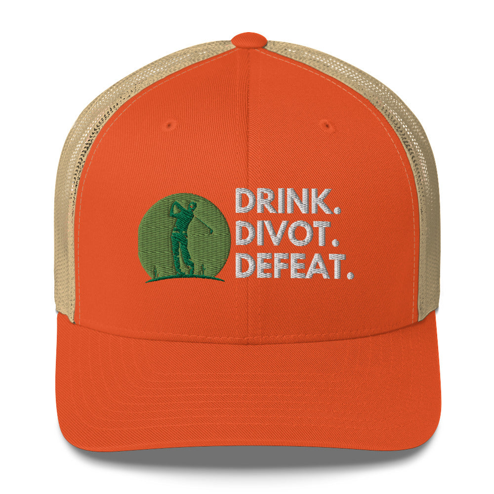 Funny Golfer Gifts  Trucker Hat Rustic Orange/ Khaki Drink. Divot. Defeat Trucker Hat