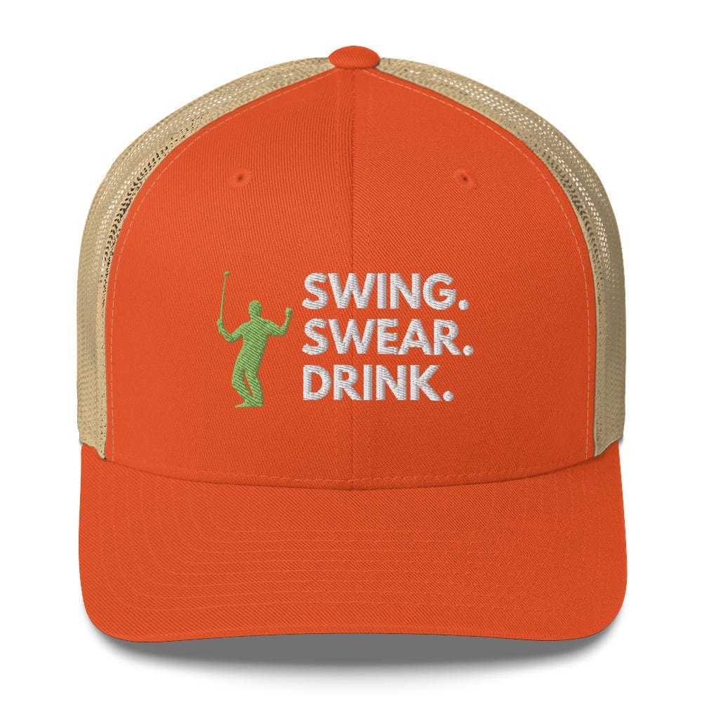 Funny Golfer Gifts  Trucker Hat Rustic Orange/ Khaki Swing. Swear. Drink Trucker Hat