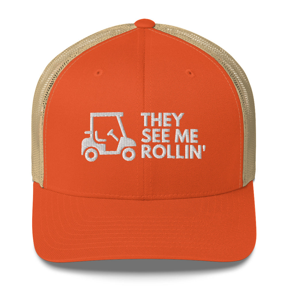 Funny Golfer Gifts  Trucker Hat Rustic Orange/ Khaki They See Me Rollin Golfcart Hat Trucker Hat