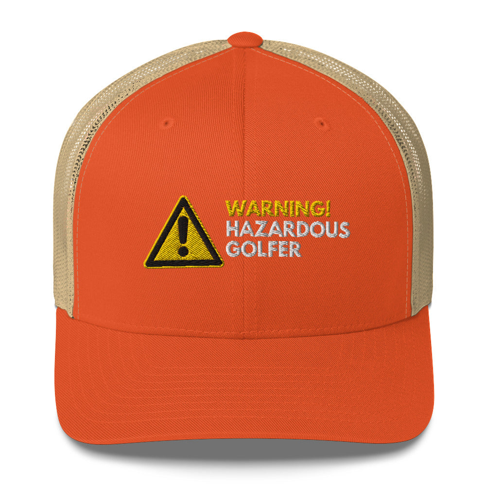 Funny Golfer Gifts  Trucker Hat Rustic Orange/ Khaki Warning Hazardous Golfer Trucker Hat