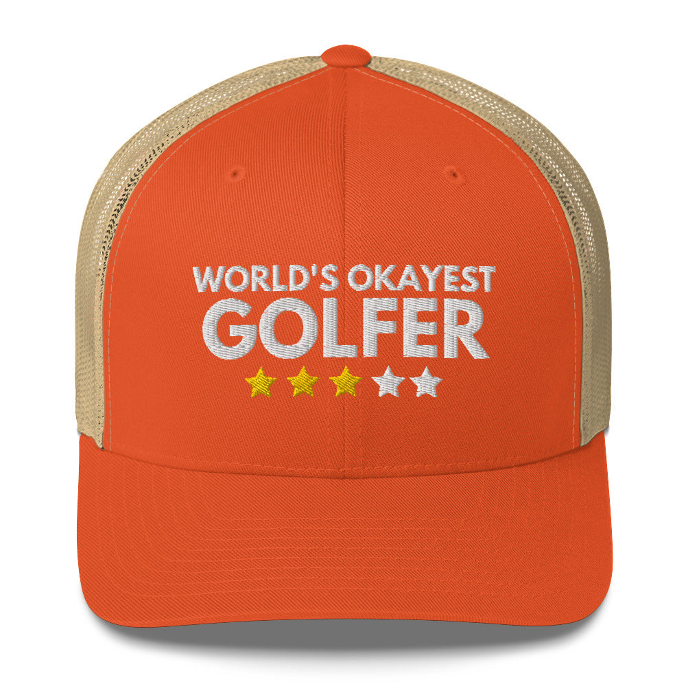 Funny Golfer Gifts  Trucker Hat Rustic Orange/ Khaki Worlds Okayest Golfer Hat Trucker Hat